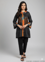 Digital Glow Contemporary Black Kurti with Orange Accents