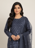 Midnight Blue Embroidered Organza Suit with Dupatta - Image 2