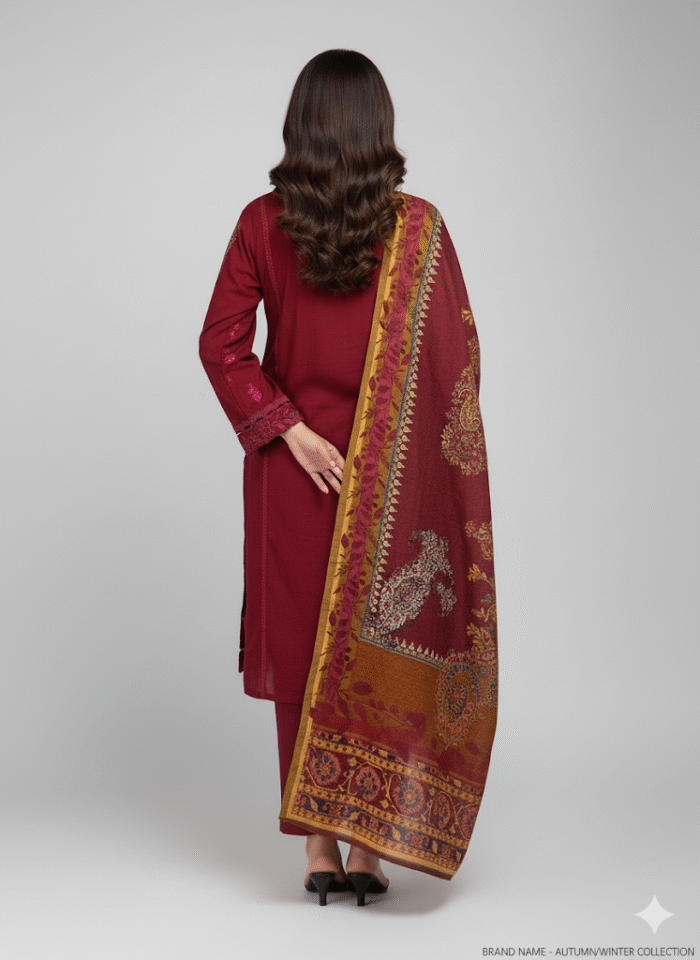 Festive Maroon Embroidered 3-Piece Suit - Image 2