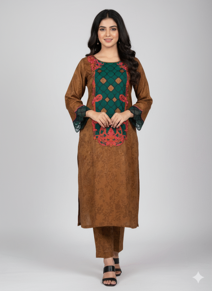 Emerald Fusion Embroidered Brown 2-Piece Suit - Image 1
