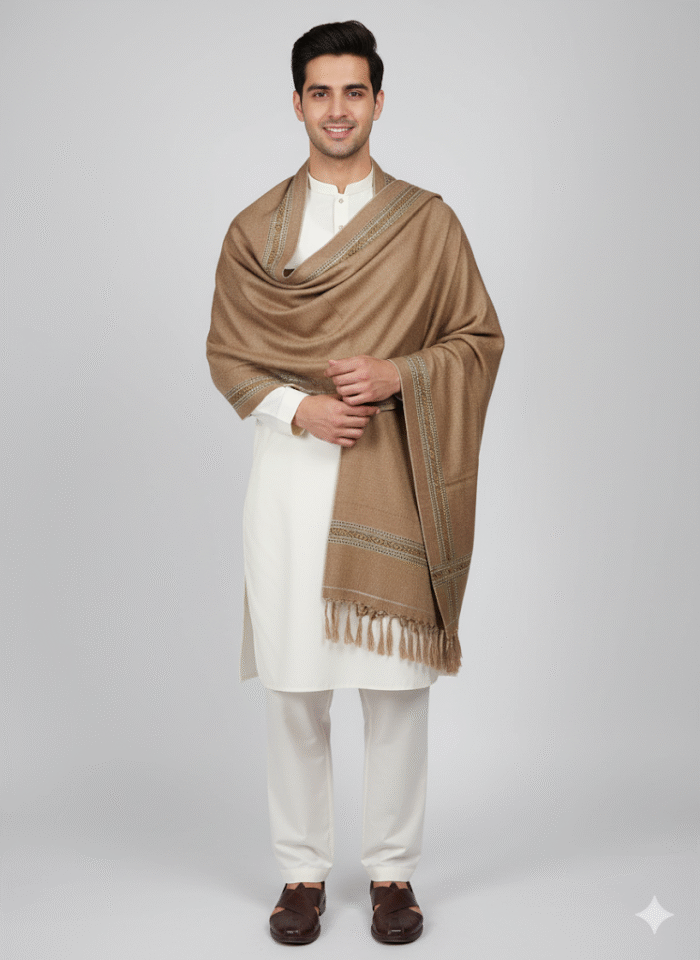 Sophisticated Taupe/Brown Shawl with Intricate Border - Image 1