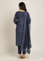Midnight Blue Embroidered Organza Suit with Dupatta - Image 3