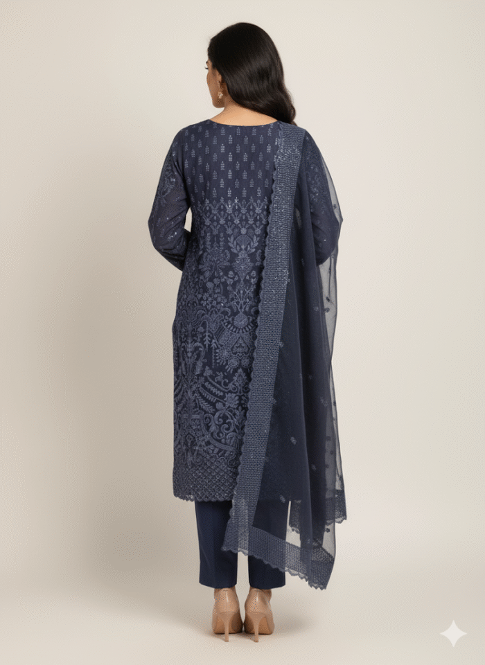 Midnight Blue Embroidered Organza Suit with Dupatta - Image 3