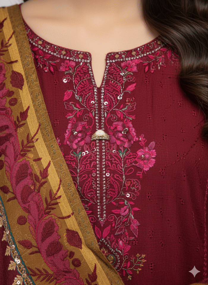 Festive Maroon Embroidered 3-Piece Suit - Image 3