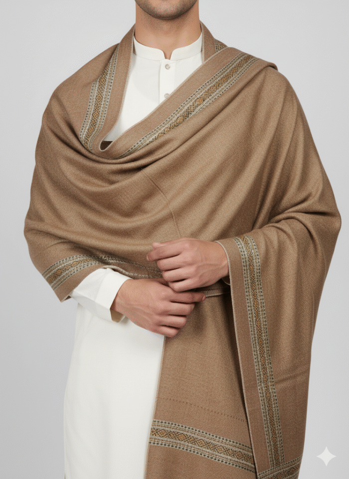 Sophisticated Taupe/Brown Shawl with Intricate Border - Image 2