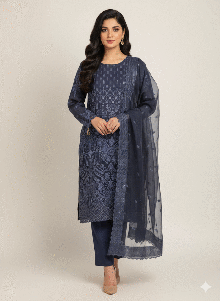 Midnight Blue Embroidered Organza Suit with Dupatta - Image 1