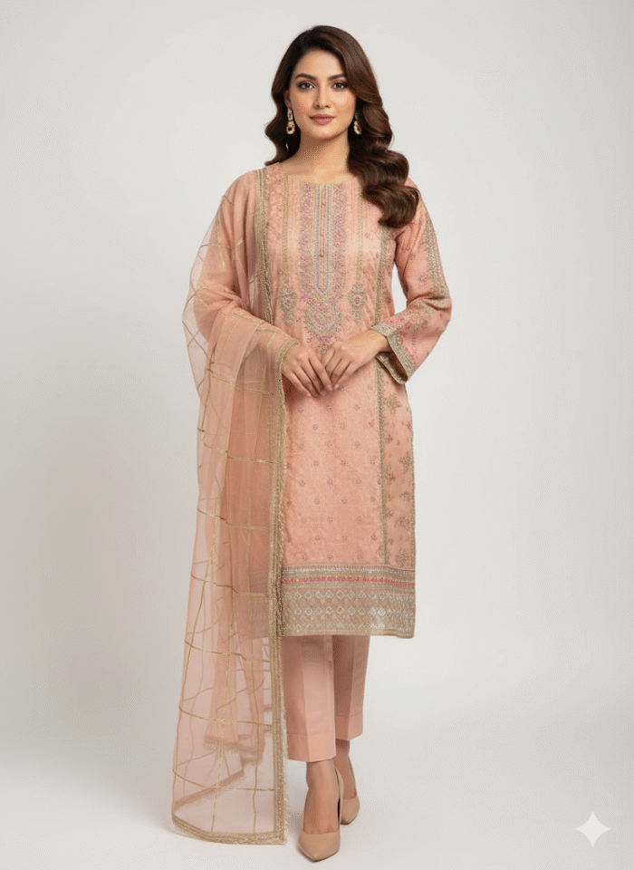 "Blush Rose" Embroidered Organza Kameez & Dupatta Set - Image 1