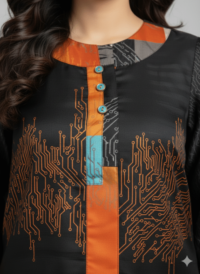 Digital Glow Contemporary Black Kurti with Orange Accents - Image 2