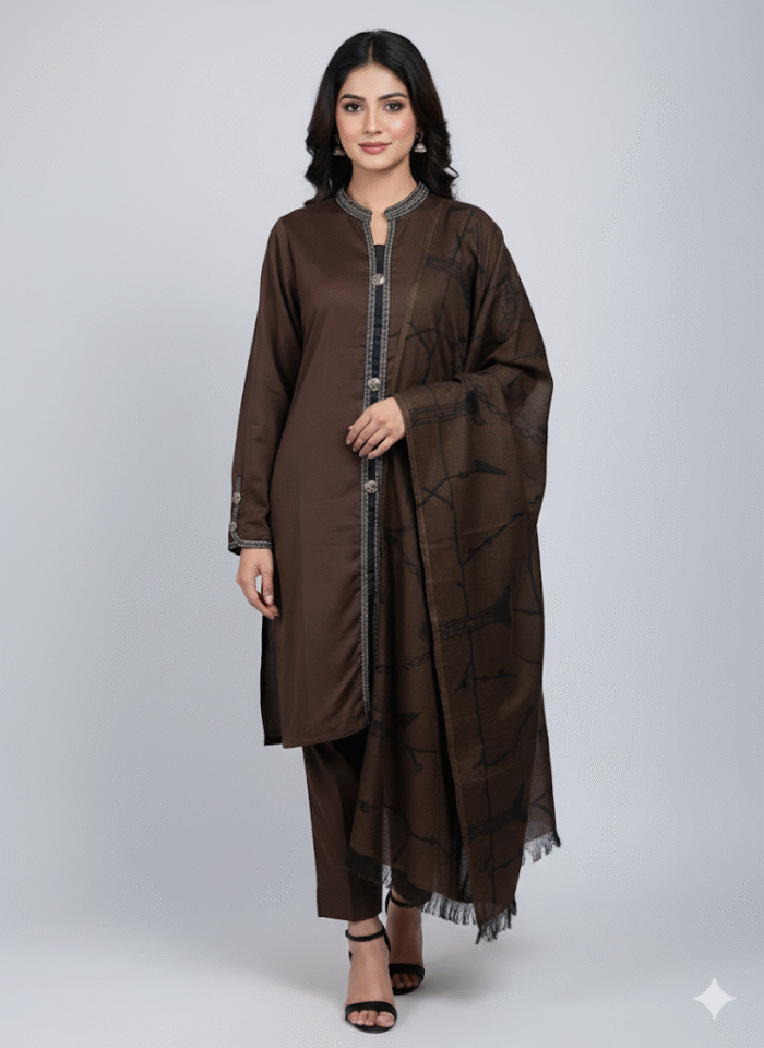 Sophisticated Brown Embellished 3-Piece Suit - Image 1