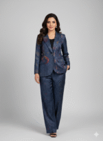 Contemporary Chic Blue Patterned Blazer & Trouser Set
