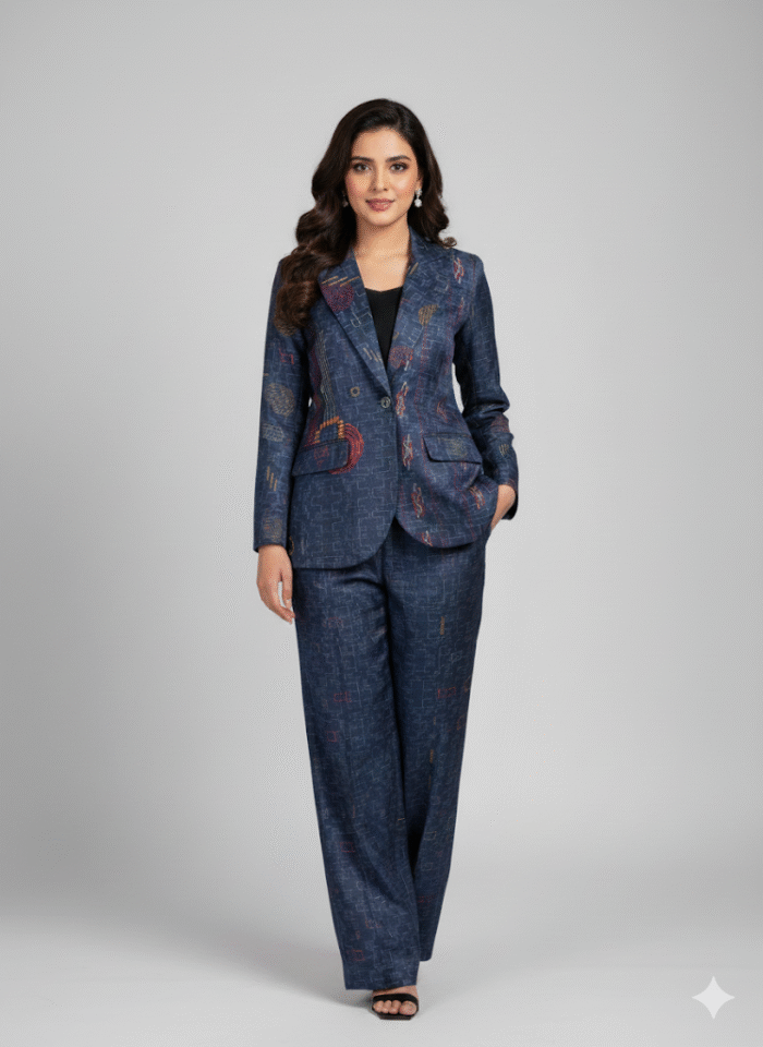 Contemporary Chic Blue Patterned Blazer & Trouser Set - Image 1