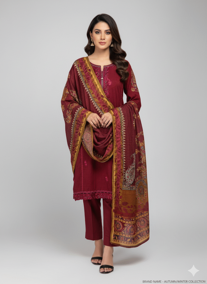 Festive Maroon Embroidered 3-Piece Suit - Image 1