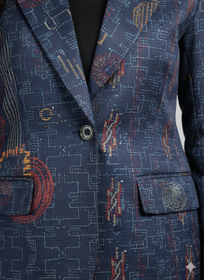 Contemporary Chic Blue Patterned Blazer & Trouser Set - Image 2