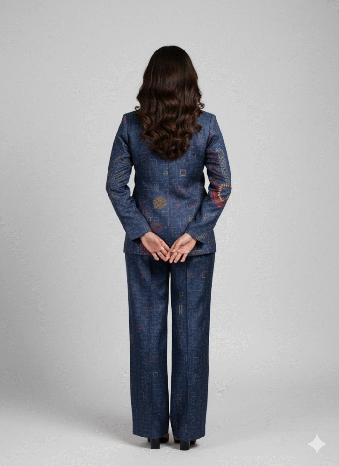Contemporary Chic Blue Patterned Blazer & Trouser Set - Image 3