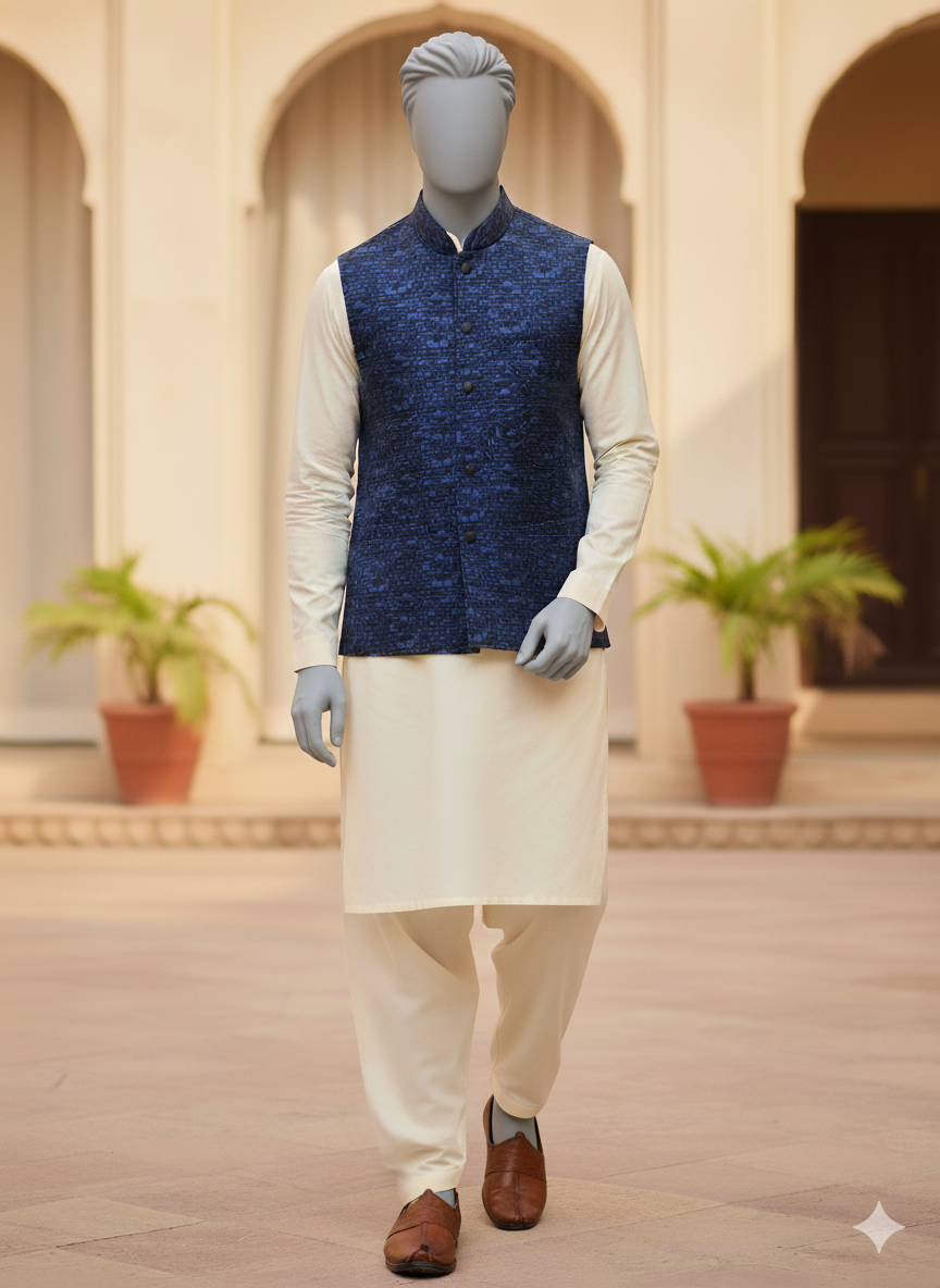102_1 Indigo Geo-Fusion Waistcoat - Image 1