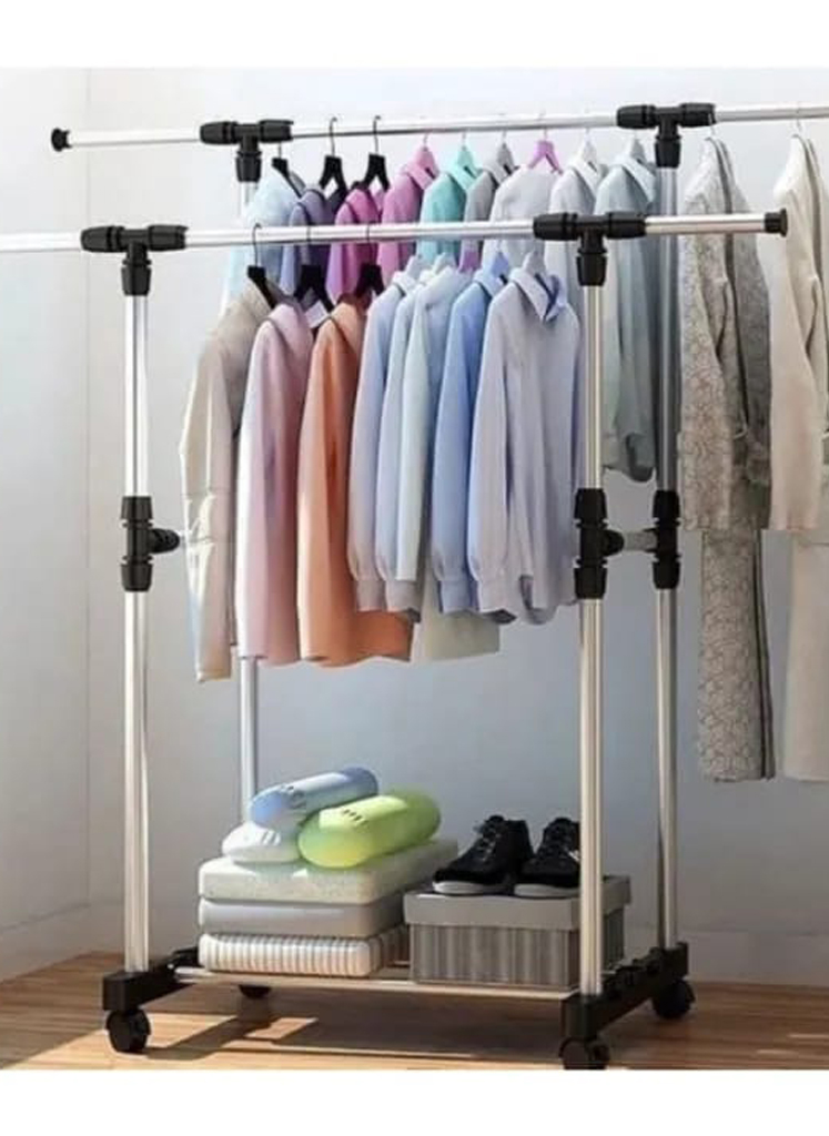 17 Double Pole Multifunctional Clothes Hanger Stand Portable Clothes Rack With Clothesline And Iron Hanger Stand - Image 1