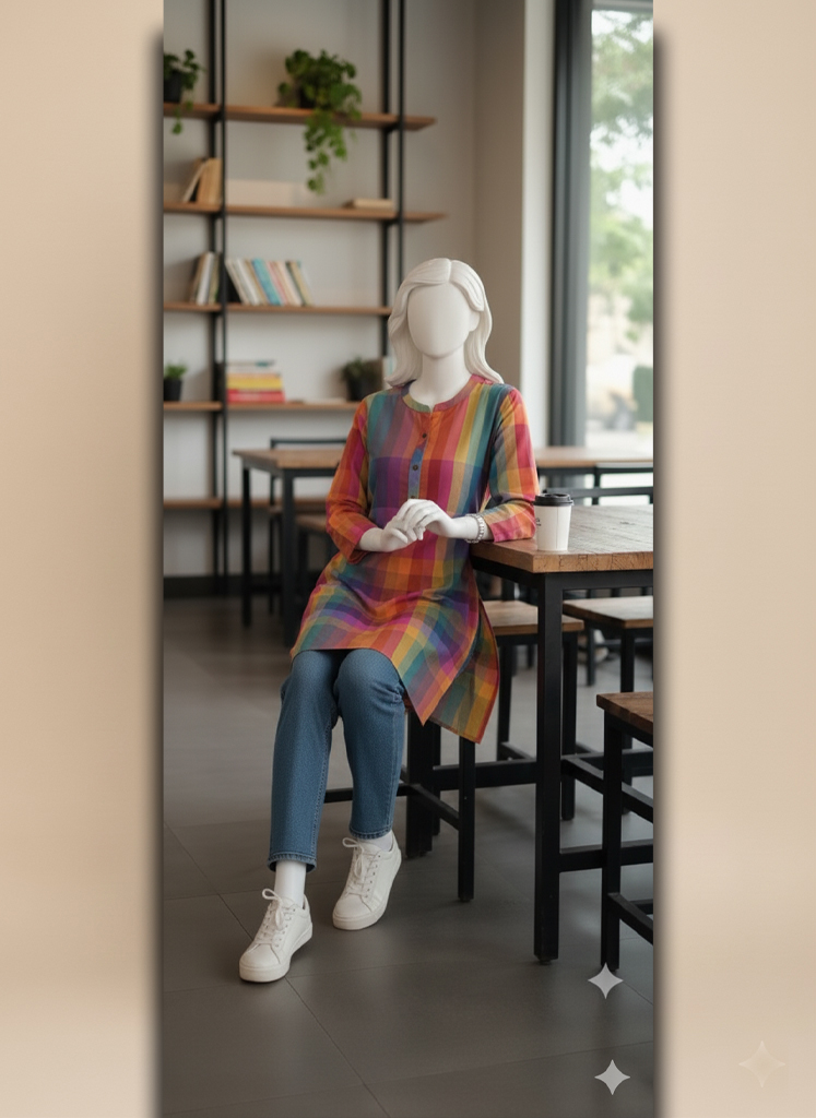 22 Rainbow Plaid Check Printed Short Kurti - Image 1