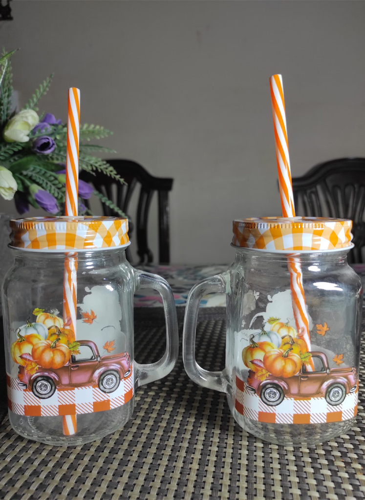 7 Glass Printed Mason Jar with Straw Cute Summer Prints - Image 1