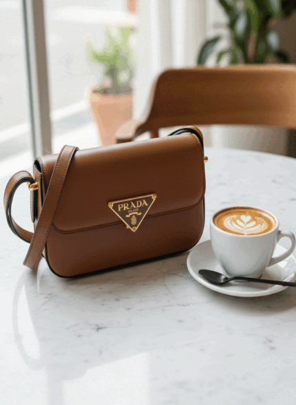 PRADA Soft Calfskin Metal Triangle Logo Flap Shoulder Bag Cognac With Box