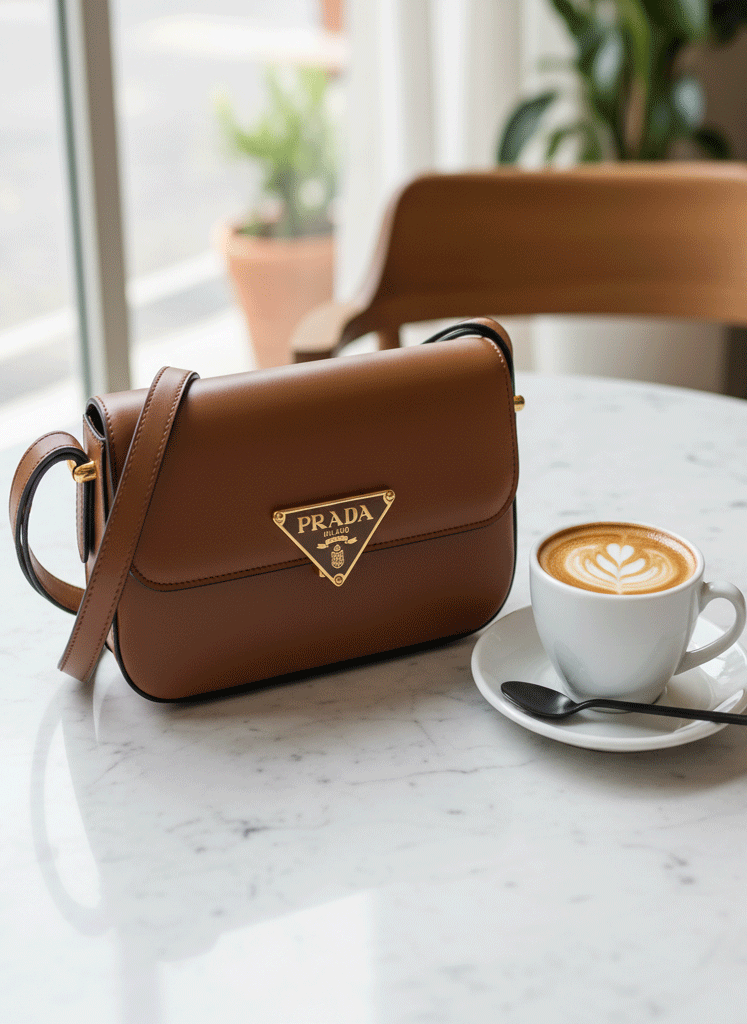 ADBBBBB PRADA Soft Calfskin Metal Triangle Logo Flap Shoulder Bag Cognac With Box - Image 1