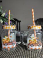 Glass Printed Mason Jar with Straw Cute Summer Prints - Image 2