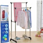 Double Pole Multifunctional Clothes Hanger Stand Portable Clothes Rack With Clothesline And Iron Hanger Stand - Image 3