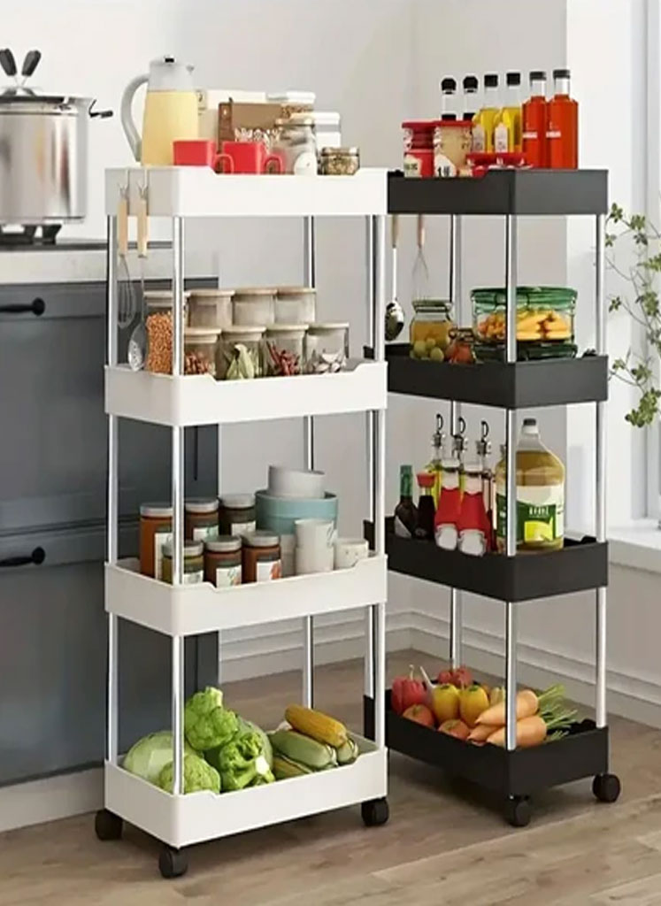 inn Multifunctional Storage Rack, Kitchen Bathroom Trolley 4 Tier Storage Cart Movable Cabinet with wheels kitchen organizer Drain Basket - Image 1