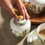 Set of  Purple Prined Bone China Tea Cups & Saucers - Image 3