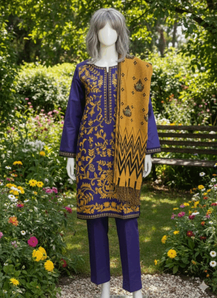 Purple and Mustard Yellow Embroidered Suit with Shawl.