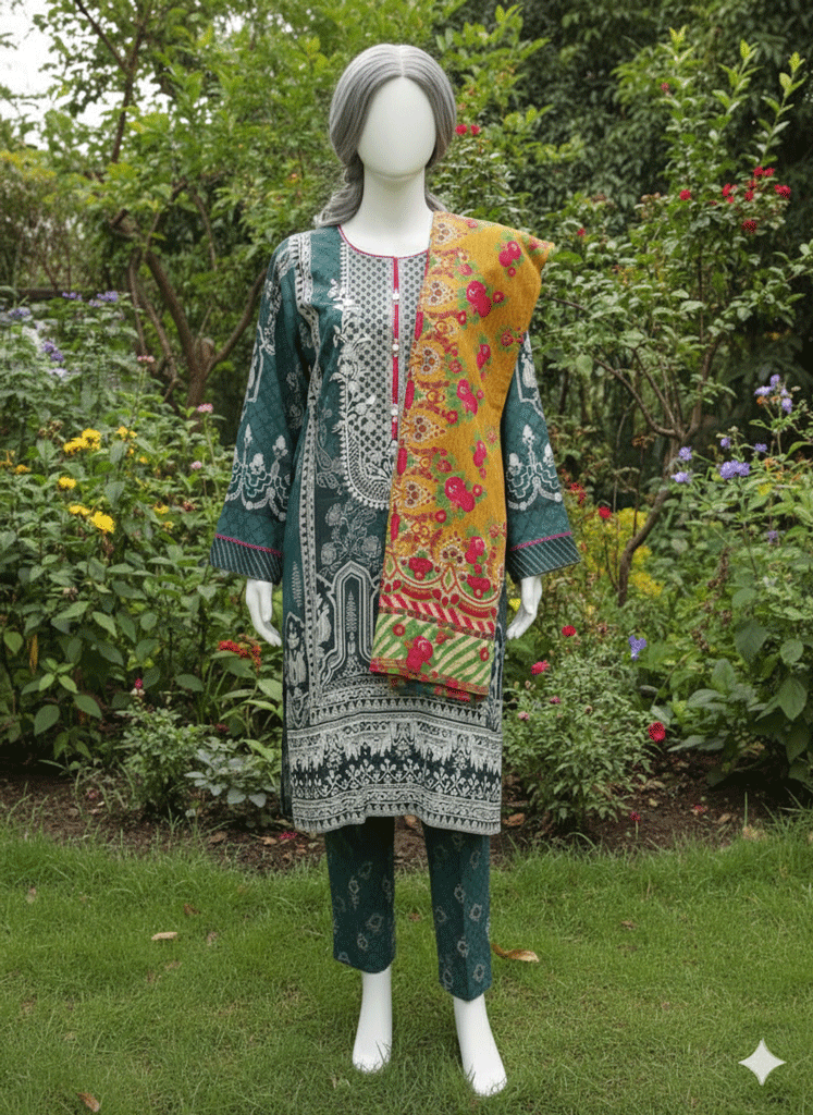ADOBE-OK-KR MULTICOLOR LIMINAL PRINTED KURTI.WITH LINEN SHAWL. - Image 1