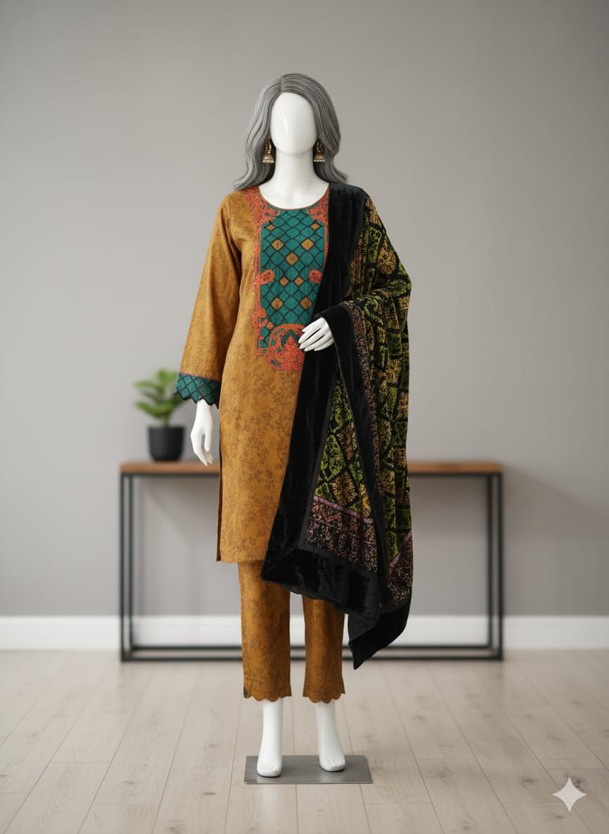 WhatsApp Image 2025-11-02 at 00.10.42_10cfe60c Luxury Silk Viscose Suit With Palachee Shawl By Almirah. - Image 1