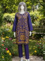 Purple and Mustard Yellow Embroidered Suit with Shawl. - Image 4