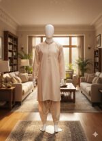 Men's Fawn Embroidered Kurta Shalwar.