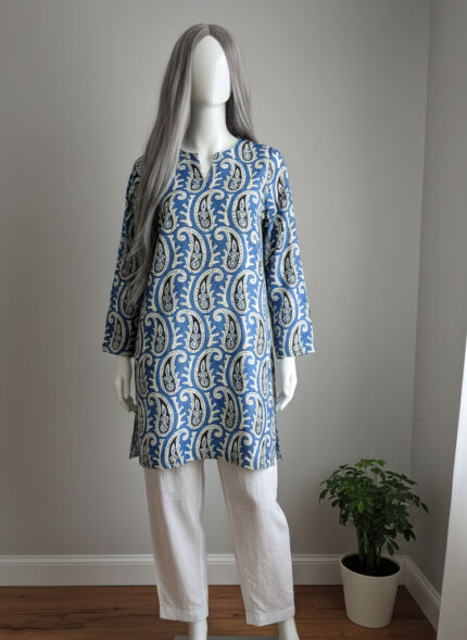 Blue and white Paisley Printed Tunic....Khaddar