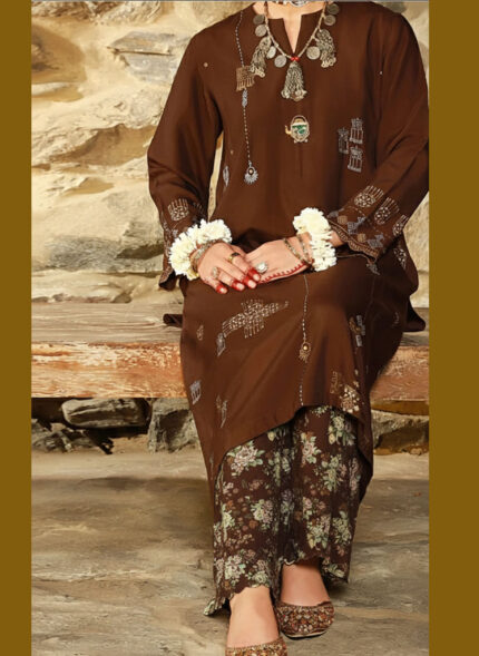 Coffee Tunic with Embroidery and Embellishment.