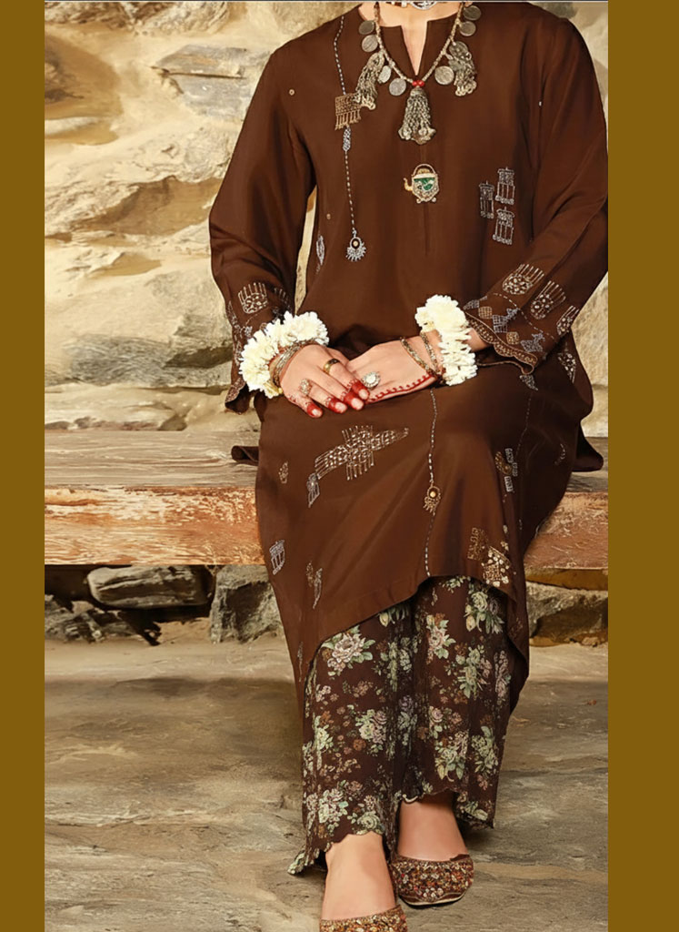 adobe-in Coffee Tunic with Embroidery and Embellishment. - Image 1
