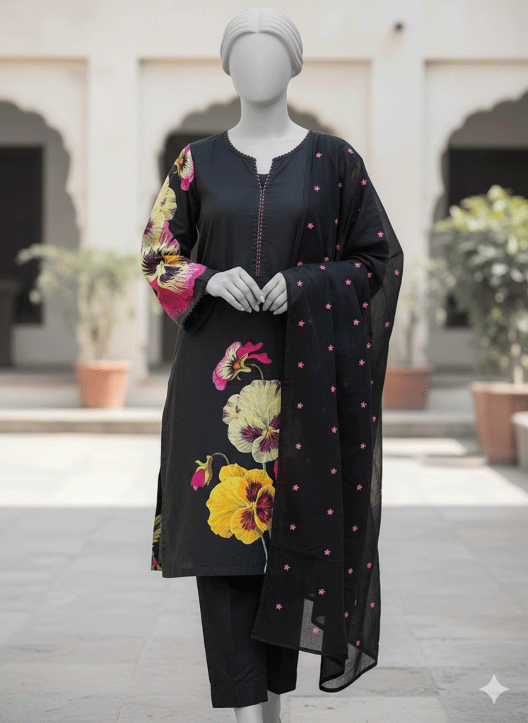 adobedee Black Floral Khaddar Shirt with Wool Shawl. - Image 1