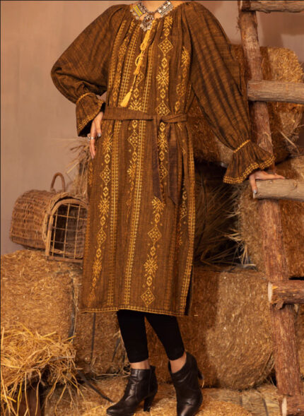 BRASS YARN DYED KURTI WITH BLACK TROUSERS.